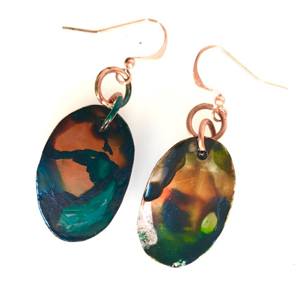 Modernist Geometric Abstract Green Blue Red Orange Solid Copper Earrings Drop - Picture 4 of 10